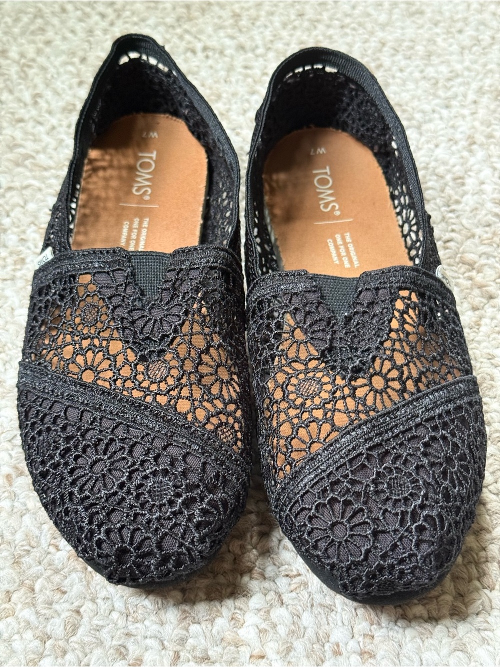 TOMS Black Crochet Floral Slip-On Flats